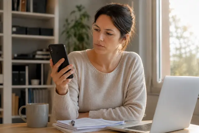 Frau schaut skeptisch auf ihr Smartphone bei einem unbekannten Anruf mit der Vorwahl 0821 aus Augsburg