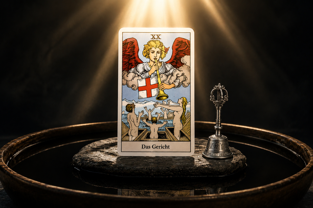 Die Tarot-Karte Das Gericht beleuchtet von einem Lichtstrahl, aufgestellt in einer dunklen Schale – Symbol für inneren Ruf und spirituelles Erwachen