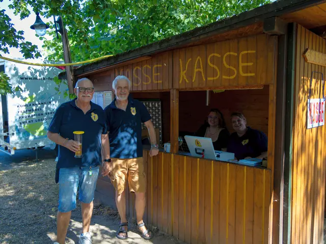 Kommandant und Vicekommandant des MTC, im Kassenhäuschen die beiden aktiven Marketenterinnen Gabi und Christin. | Foto: Bernd M. Scheurer