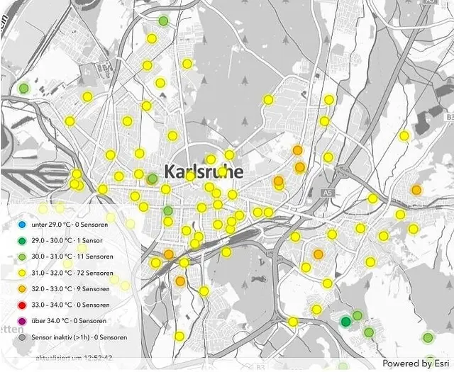 Wer in Karlsruhe unterwegs ist, kann jetzt auf einer Karte sehen, wo es gerade besonders heiß oder eher angenehm kühl ist. | Foto: Stadt Karlsruhe