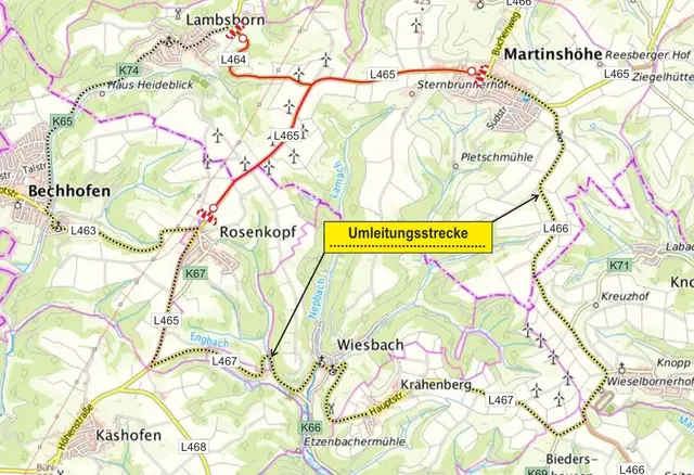 Die Umleitungsstrecke führt während der Vollsperrung der L465 weiträumig um Martinshöhe herum. Die bestehende Umleitung bleibt während der Bauarbeiten unverändert. | Foto: Grafik: LBM Kaiserslautern