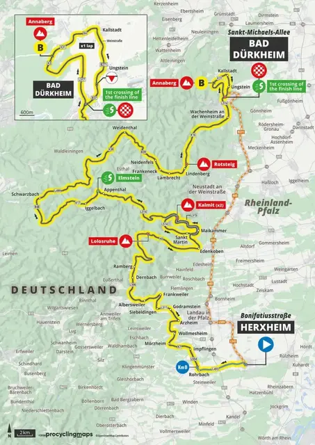 Die Strecke der dritten Etappe von Herxheim nach Bad Dürkheim | Foto: Lidl Deutschland Tour/procyclingmaps
