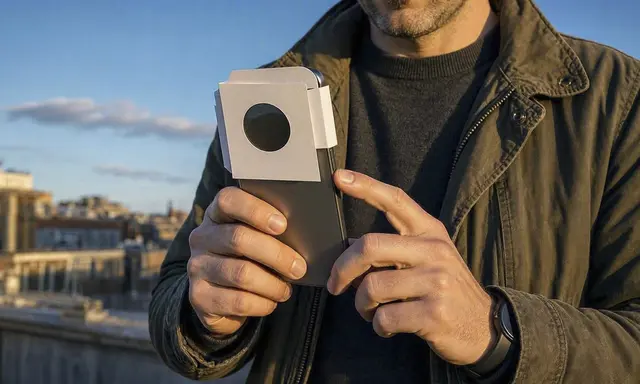 Wer keine spezielle Smartphone-Sonnenfilterfolie zur Hand hat, kann eine geprüfte Sofi-Brille als Behelfslösung vollständig vor das Kameraobjektiv halten – sicherer sind jedoch speziell für Kameras entwickelte Solarfilter.  | Foto: Heike Schwitalla (KI)