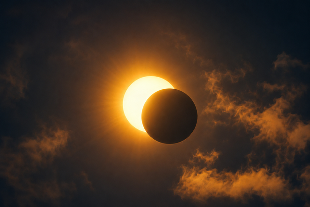 Partielle Sonnenfinsternis am Himmel: Der dunkle Mond bedeckt einen Teil der hell leuchtenden Sonne, umgeben von dunklen, orangefarben beleuchteten Wolken.