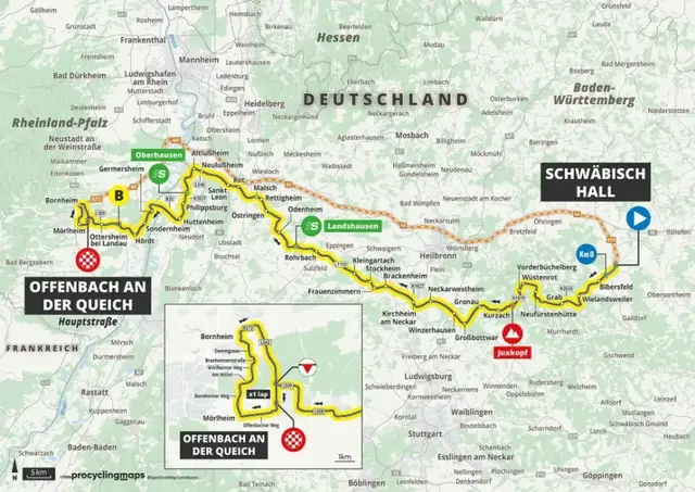 Die Strecke der zweiten Etappe von Schwäbisch Hall nach Offenbach an der Queich | Foto: Lidl Deutschland Tour/procyclingmaps
