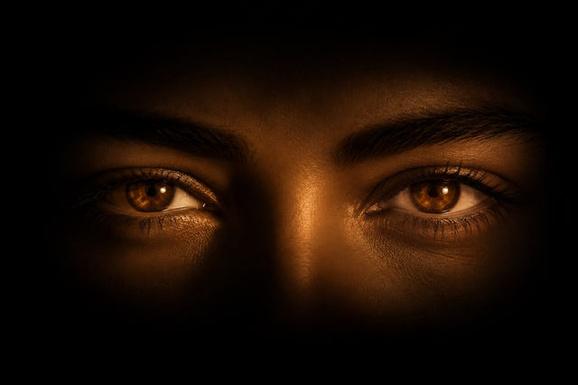 Nahaufnahme von zwei intensiv blickenden, bernsteinfarbenen Augen, die aus tiefem Schatten hervortreten