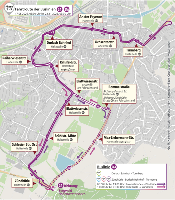 Wie komme ich zum Beispiel vom Durlacher Bahnhof Richtung Turmberg? An der Auer Straße aussteigen, ein paar Minuten bis zum Bahnhof rüberlaufen, dann in den Bus!

Fahrtroute der Buslinien 24 und 24A i,m Zeitraum 17.08.2026, 03:30 Uhr bis 23.11.2026, 03:30 Uhr | Foto: KVV
