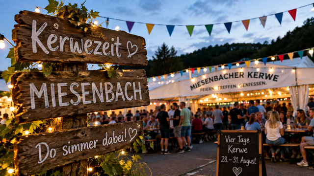 Vier Tage Kerwestimmung in Miesenbach: Vom 28. bis 31. August wird rund um das Festzelt am Sportplatz gefeiert. Live-Musik, Kerwerede und Pfälzer Spezialitäten gehören zum Programm. | Foto: Symbolbild mit KI-generiert