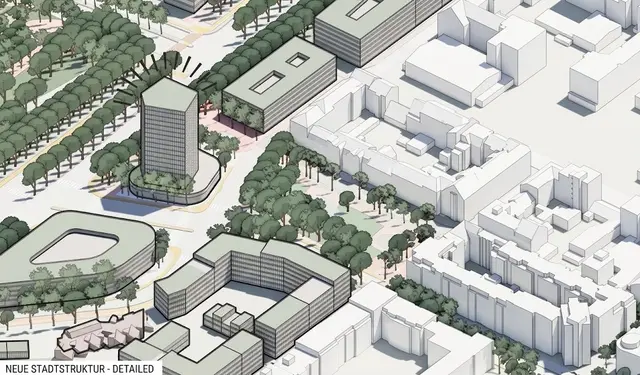 Um die neue Ikone an der Einmündung der Heinigstraße in den Boulevard entsteht ein offener Platz. Wege, die nur Fußgängern und Radlern gehören, mit geschlossenen Sichtachsen, öffnen sich zum Platz hin. | Foto: Planungsbüro Adept