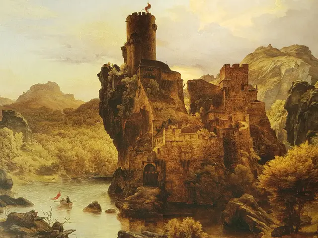 Die Darstellung zeigt eine idealisierte Burg. Die Burg ragt imposant in den Bildraum, das Licht ist in warmen gedämpften Farben gehalten. Die Darstellung der Burg entspricht nicht der tatsächlichen Burganlage.