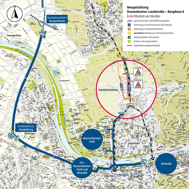 Auf der Baustelle rund um die Dossenheimer Landstraße ändern sich Umleitungen, vor allem stadteinwärts. | Foto: Die Übersichtskarte zeigt die großräumige Verkehrsführung während der Bauphase 6 der Dossenheimer Landstraße. Aus Richtung Norden werden die Verkehre je nach Ziel über Dossenheim beziehungsweise über das Autobahnnetz in Richtung Neuenheimer Feld und Altst