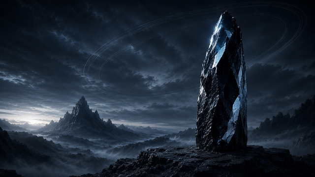 Schwarzer Monolith in einer mystischen Berglandschaft mit feinen Ringstrukturen am Nachthimmel, als Symbolbild für das Sternzeichen Steinbock