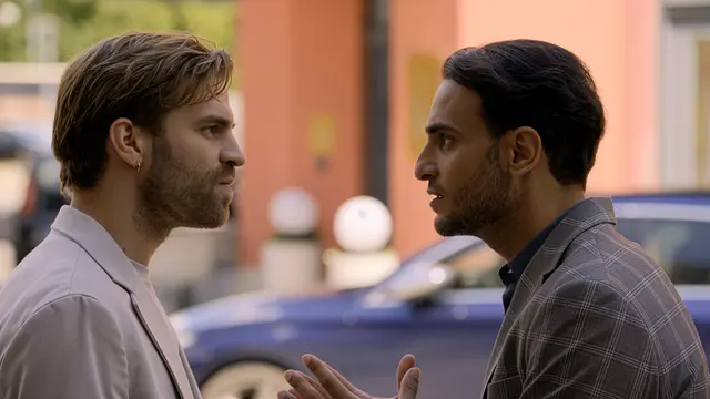 Julian und Nihat stehen sich bei GZSZ in einem angespannten Gespräch gegenüber.