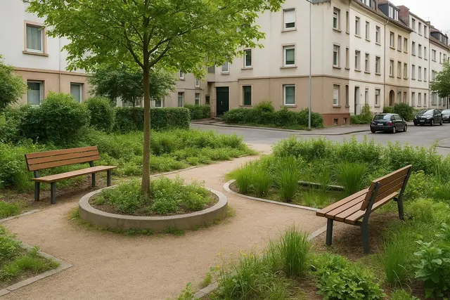 Pocket Parks können kleine Effekte aufs Stadtklima haben, senken gegenüber versiegelten Flächen um ein bis 3 Grad | Foto: KI-generiert/Julia Glöckner