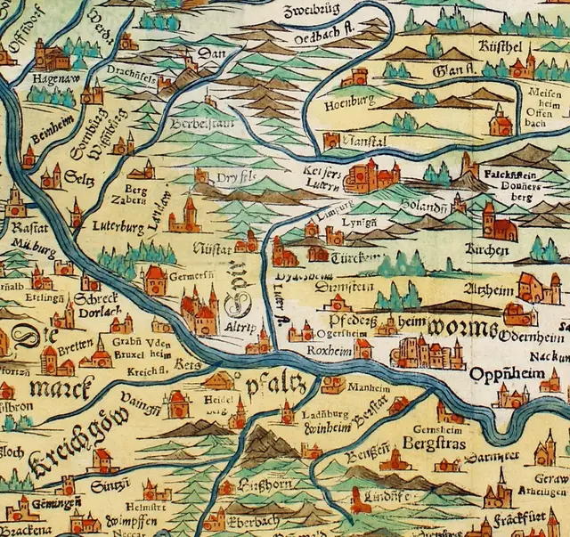 Historischer Blick auf die Pfalz: Der Kartenausschnitt von Sebastian Münster aus dem Jahr 1588 zeigt die Region in einer Zeit, als die heutigen Grenzen der Pfalz noch nicht existierten. | Foto: Michael Landgraf