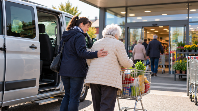 Unterstützung beim Einkauf: Ein kostenloser Fahrdienst bringt mobil eingeschränkte Senioren in Pirmasens zum Supermarkt und anschließend wieder nach Hause.  | Foto: Stegner / mit KI erstellt
