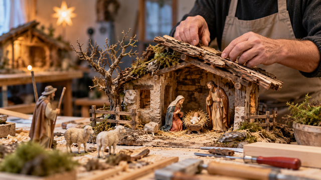 Handarbeit bis ins Detail: Beim Krippenbau entstehen aus Holz, Rinde und Naturmaterialien individuelle Weihnachtskrippen.  | Foto: Stegner / Symbolbild mit KI erstellt.