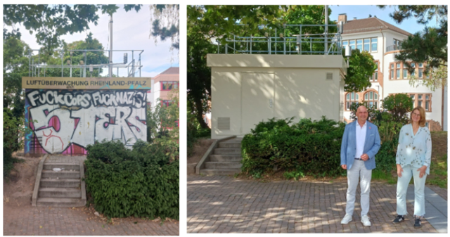 Die gereinigte Luftmessstation am Rathausplatz: Graffiti und Aufkleber sind entfernt, die Oberfläche ist neu gestrichen und geschützt. Das Foto zeigt Bürgermeister Manfred Schulz und Andrea Buchloh-Adler, Werkleiterin der Stadtbildpflege Kaiserslautern | Foto: © Stadtbildpflege Kaiserslautern