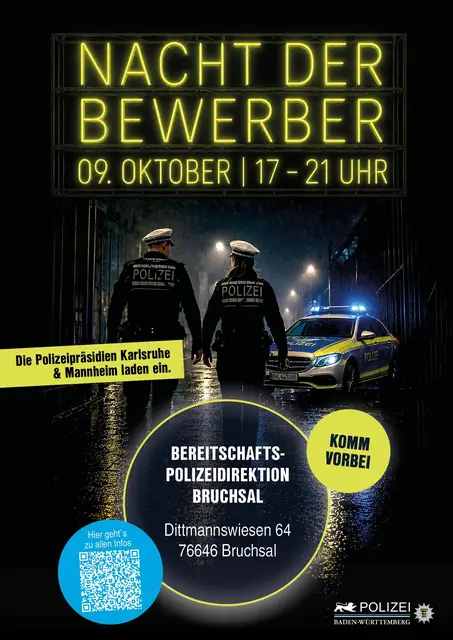 Bei der „Nacht der Bewerber“ in Bruchsal zeigt die Polizei Baden-Württemberg ihre Arbeit mit Hundestaffel, Reiterstaffel, Kriminaltechnik, Wasserwerfer und Infos zu Ausbildung und Studium. | Foto: Polizeipräsidium Karlsruhe