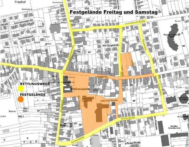 Der Plan zeigt das Festgelände des Andechser Bierfestes und die Rettungswege im Haßlocher Ortskern Freitag und Samstag. | Foto: Gemeindeverwaltung Haßloch