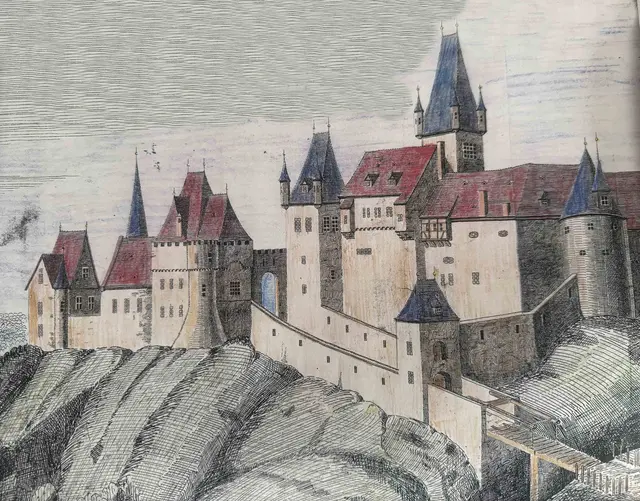 Die Moschellandsburg in früherer Zeit, handcoloriert von H. Hublitz | Foto: Arno Mohr