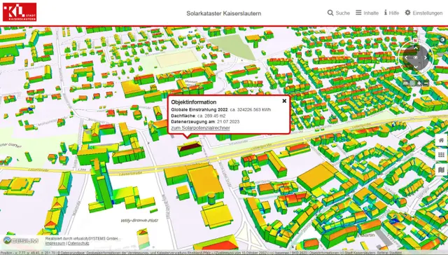 Im Geoportal sind unter anderem Solarpotenzialflächen in einem 3D-Modell der Stadt dargestellt  | Foto: Stadt Kaiserslautern/gratis