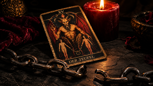 Die Tarot-Karte 'Der Teufel' liegt neben einer geöffneten Eisenkette im warmen Schein einer Kerze auf dunklem Untergrund.