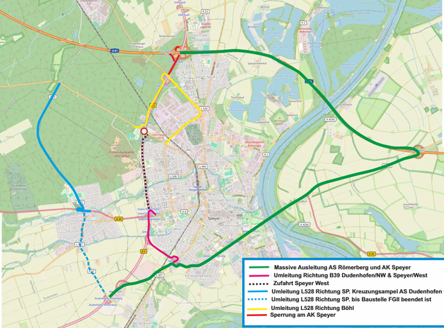 Wegen der B-9-Vollsperrung rechnet Speyer mit mehr Verkehr und bittet darum, Umleitungen zu nutzen und mehr Zeit einzuplanen. | Foto: Landesbetrieb Mobilität Rheinland-Pfalz (LBM RP)