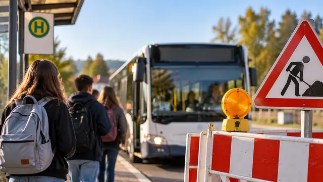 Schüler warten an einer Bushaltestelle neben einer Baustellenabsperrung auf einen Linienbus.