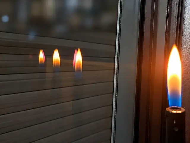 Bei einer Dreischeiben-Wärmeschutzverglasung haben zwei der gespiegelten Flammenbilder eine andere Farbe. | Foto: Verbraucherzentrale Rheinland-Pfalz e. V.