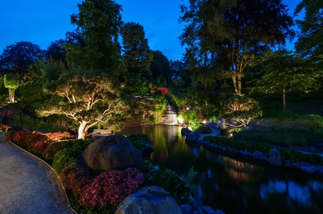 Beim Tsukimi-Mondfest wird der Japanische Garten Kaiserslautern am Abend stimmungsvoll illuminiert | Foto: Celine Schütz/gratis