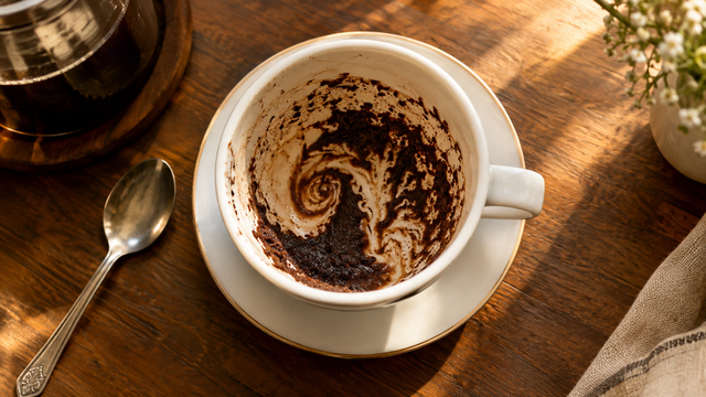 Draufsicht auf eine weiße Kaffeetasse mit getrocknetem Kaffeesatz und sichtbaren Mustern auf einem sonnigen Holztisch.