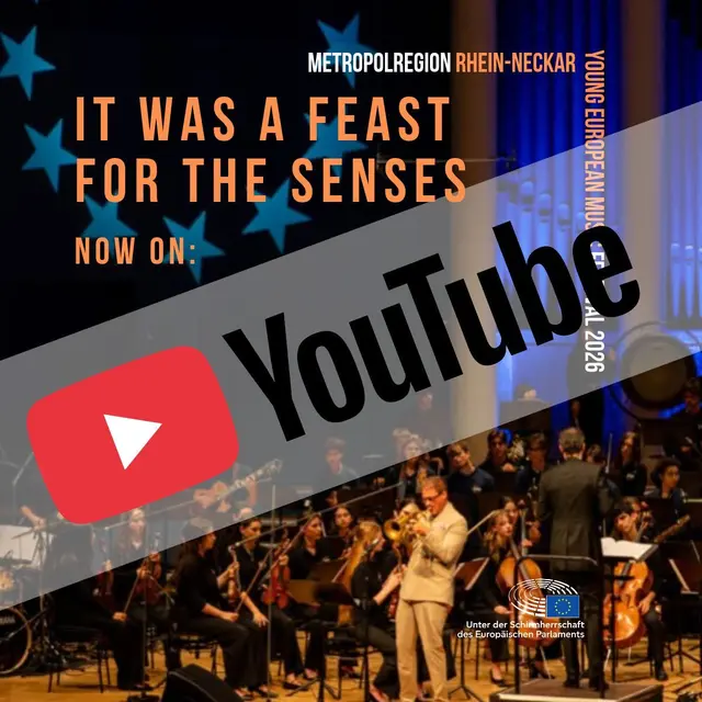 Die Konzerte des Young European Music Festival 2026 stehen jetzt auf YouTube bereit. Das Festival, das am 12. September 2026 mit dem Galakonzert im Mannheimer Rosengarten endete, erreichte über 1.000 Zuschauerinnen und Zuschauer live. Die Veranstaltungsreihe vereinte 76 junge musikalische Top-Talente aus ganz 17 Europäischen Ländern erstmals in verschiedenen Formaten – von Sinfonik über Kammermusik bis Big Band Jazz. | Foto: EYOA