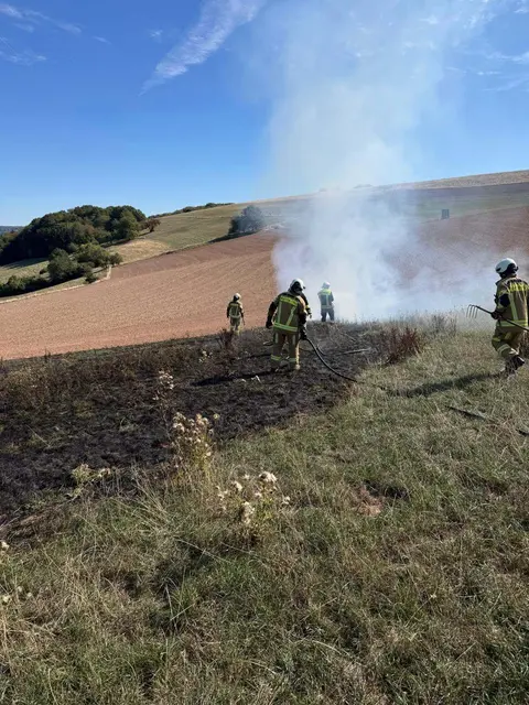 Nach dem Eintreffen des Löschfahrzeugs aus Weilerbach gingen die Einsatzkräfte mit Schnellangriff und Feuerpatschen gegen die Flammen vor. Das Feuer konnte dadurch zügig unter Kontrolle gebracht und gelöscht werden. | Foto: Freiwillige Feuerwehr Weilerbach