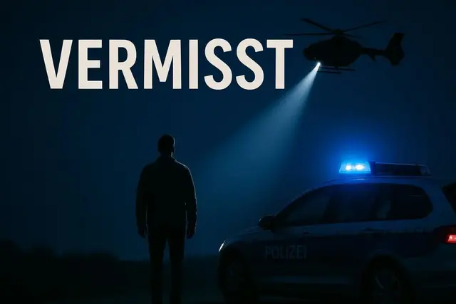 Ein Polizeihubschrauber unterstützt in Sinsheim die Suche nach einer vermissten Person. Einsatzkräfte am Boden sind ebenfalls beteiligt. | Foto: Heike Schwitalla (erstellt mit KI)