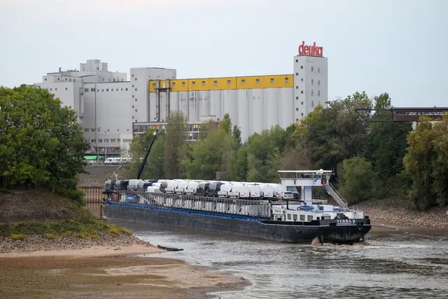 Viel Schiff, wenig Wasser: Dieses Frachtschiff hatte sich auf einer Sandbank im Düsseldorfer Hafen festgefahren.  | Foto: Christoph Reichwein/dpa