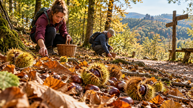 Die Esskastanie prägt den Haardtrand und gilt zugleich als Hoffnungsträger für klimaresiliente Wälder. Rund 3.000 Hektar Kastanienbestände gibt es in den Forstämtern Annweiler und Haardt. | Foto: Erik Stegner / Symbolbild: KI-generiert