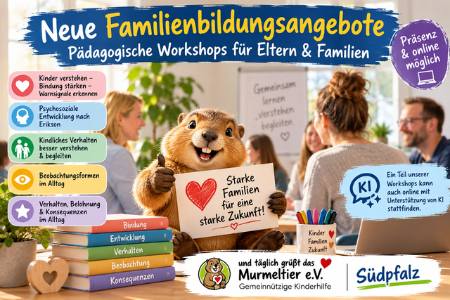 Neue Familienbildungsangebote bei „und täglich grüßt das Murmeltier e.V.“: Die pädagogischen Workshops beschäftigen sich mit Themen rund um Bindung, Entwicklung und kindliches Verhalten und sind teilweise auch online möglich. | Foto: KI-generierte Illustration – erstellt mit ChatGPT / OpenAI für „und täglich grüßt das Murmeltier e.V.“