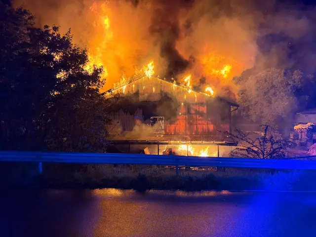 Bei einem Großbrand auf einem landwirtschaftlichen Anwesen in Henstedt-Ulzburg wurden vier Menschen leicht verletzt. Rund 150 Einsatzkräfte bekämpften das Feuer in Stallungen und einem Reetdachhaus. | Foto: Kreisfeuerwehrverband Segeberg