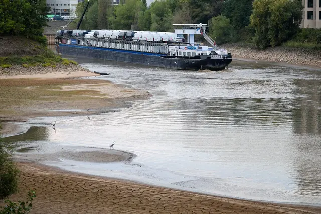 Das mit Transportern beladene Frachtschiff auf der Sandbank am Montag - einen Tag später kam es frei und ein Teil der Transporter wurde entladen. | Foto: Christoph Reichwein/dpa