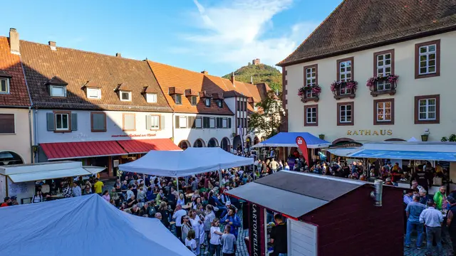 Feiern mit Blick auf den Trifels: Rund um das Rathaus herrschte beim Keschdefeschd bis in den Abend hinein beste Stimmung. | Foto: Erik Stegner