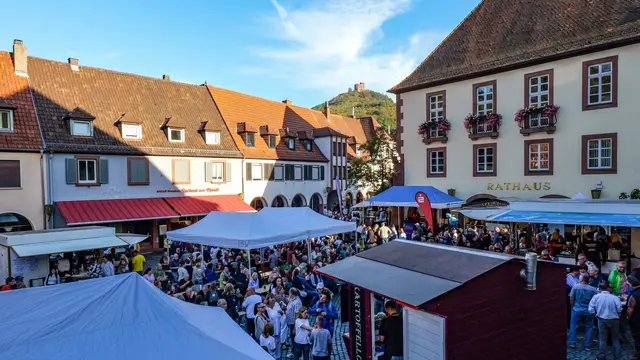 Feiern mit Blick auf den Trifels: Rund um das Rathaus herrschte beim Keschdefeschd bis in den Abend hinein beste Stimmung. | Foto: Erik Stegner