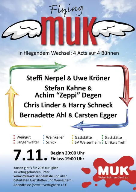 FLYING MUK mit Steffi Nerpel &amp; Uwe Kröner, Stefan Kahne &amp; Achim "Zeppi" Degen, Chris Linder &amp; Harry Schneck sowie Bernadette Ahl &amp; Carsten Egger am 07.11.2026 | Foto: MUK Weisenheim am Sand e.V.