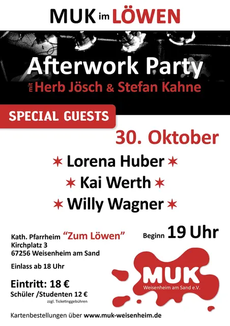 MUK-Afterworkparty mit Lorena Huber, Kai Werth, Willy Wagner &amp; Stefan Kahn am 30.10.2026 im Löwen  | Foto: MUK Weisenheim am Sand e.V.