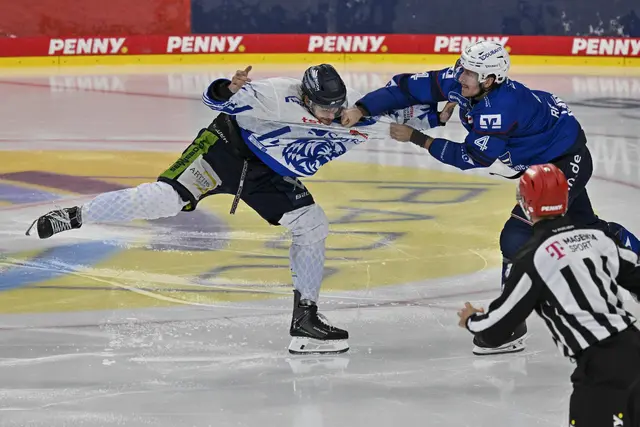 Mannheims Dan Renouf (rechts) schnappt sich Straubings Adrian Klein zum Faustkampf und schießt später das Siegtor zum 2:1. | Foto: Ruffler/PIX-Sportfotos