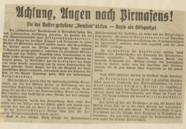 Zeitungsbericht aus den frühen 1930er Jahren zu Sprengstofffunden in Pirmasens. | Foto: Forschungs- und Dokumentationsstelle SEAL