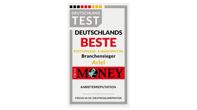 Ariel wird in der Kategorie Textilpflege- und Waschmittel als „Deutschlands Beste Marke“ (Deutschland Test/FOCUS Money) geführt. | Foto: Procter & Gamble GmbH