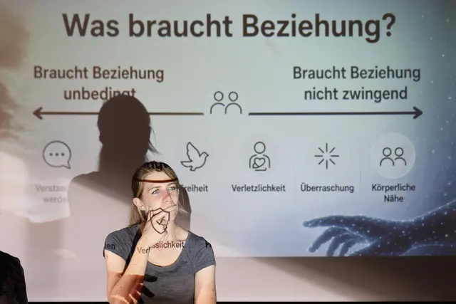 Teilenhemrein des Workshops im Licht des Beamers mit der Frage "Was braucht Beziehung" darüber 