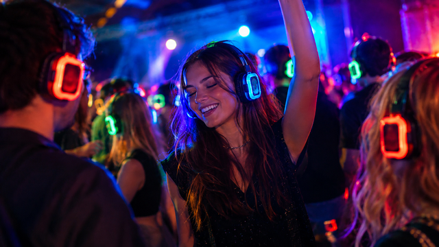 Drei Musikkanäle, leuchtende Kopfhörer und jede Menge Party: Bei der Silent Disco in Germersheim wird am 17. Oktober zu Charts, Rockklassikern und deutschen Hits getanzt – und das ganz ohne laute Musik im Raum. (Symbolbild) | Foto: Heike Schwitalla (erstellt mit generativer KI)