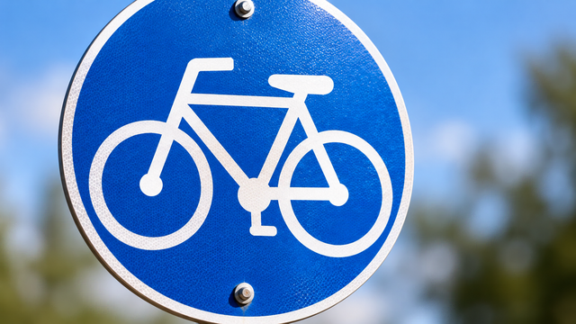 Nahaufnahme eines blauen Fahrradwegschildes mit weißem Fahrradsymbol vor unscharfem Hintergrund.